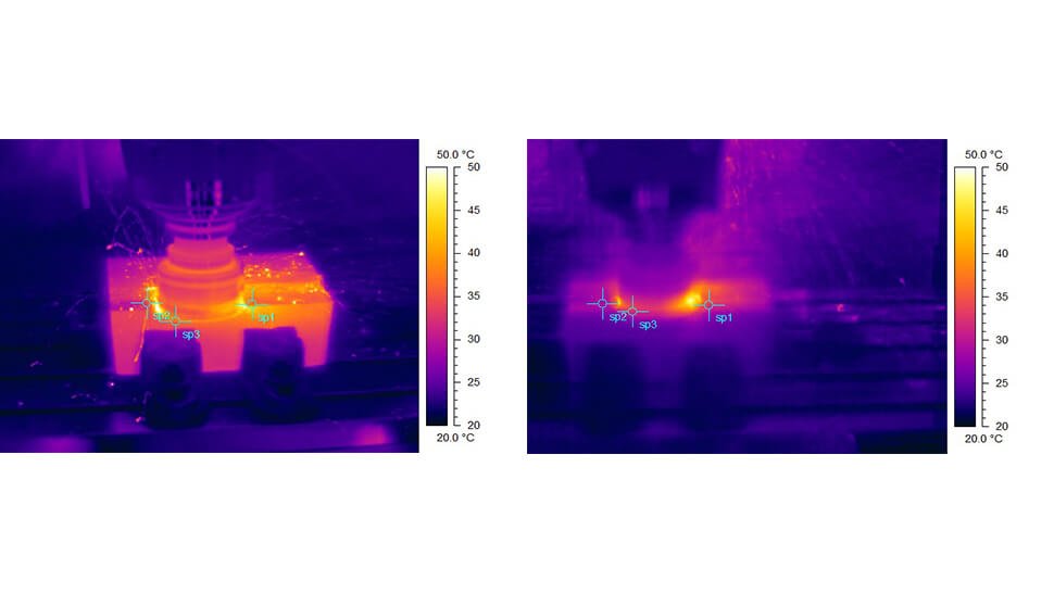 Die Auswirkung der Wärmeverteilung beim Fräsen nach fünf Metern Fräsweg im Werkstoff EN-GJL-250. Bild links: Trockenbearbeitung mit vc = 160 m/min; vf = 500 mm/min. Bild rechts: Minimalmengenschmierung mit vc = 340 m/min; vf = 3200 mm/min