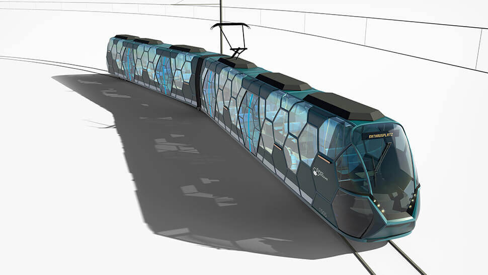 Neuartiges Straßenbahn-Wagenkasten-Konzept mit einer hexagonalen Tragwerkstruktur, das sich durch Leichtbau und offenes Design mit großer freier Sichtfläche auszeichnet. Foto: Panik Ebner Design