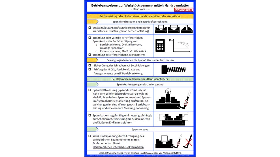 Muster-Betriebsanweisung zur Werkstückspannung mittels Handspannfutter. Quelle: TU Chemnitz