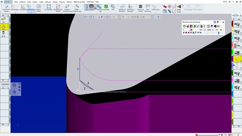 Durch einen kleinen automatischen Zwischenschritt bei den Virtual-Gibbs-PrimeTurning-Strategien wird das Aufsetzen mit der vollen Schneidkante vermieden. Das Bild zeigt den Schritt in der Simulation nach dem Freiräumen (Werkzeugweg 2), bevor der Meißel auf die Endtiefe eintaucht (Werkzeugweg 4).